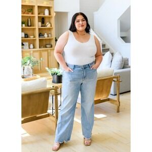 Judy Blue Jeans Wide Leg Straight Fit Raw Hem 20W 39x32 Light Wash Stretchy NWT